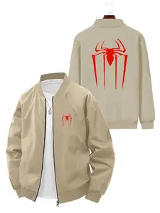 Trendy Fashion Men's Spider Print Baseball Jacket, Casual Street Style Outerwear, Long Sleeve Fitted Geometric Pattern, All Seasons, Menswear