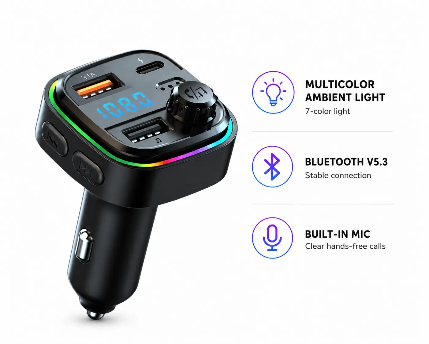 Chargercar bluetooth fm transmitter 2026 hot car travel essentials multi port car charger Fast charger usb Fast Charging Solution Usb Powered Charging portable charger Usb Car Connector