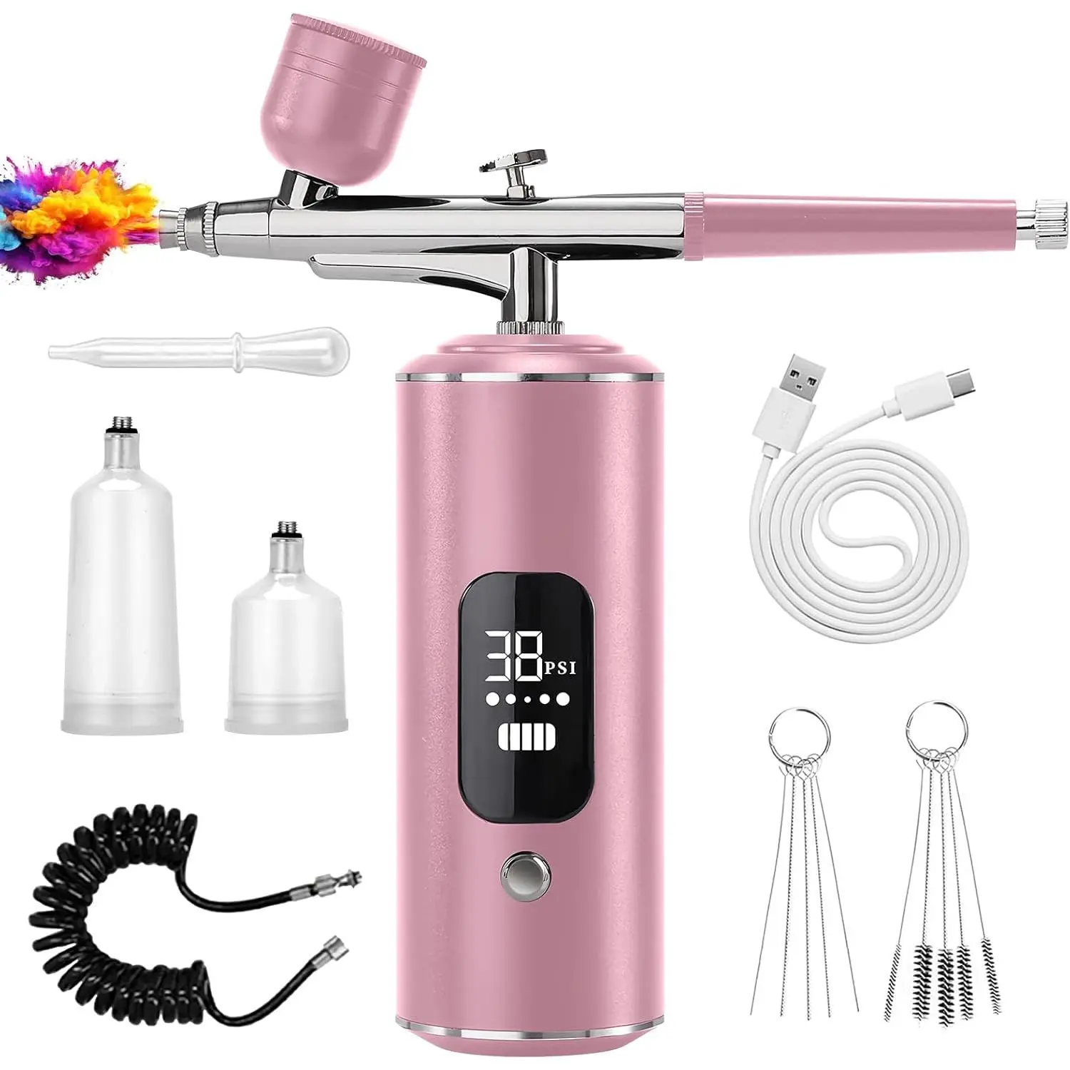 Wireless Airbrush Kit with Air Compressor - Adjustable Handheld Paint Sprayer, Cordless Rechargeable, 0.3mm Spray Nozzle Set, 3 High-Pressure Modes, Cleaning Brush for Painting Art, Cake Decorating (Pink), Adjustable Paint Sprayer, Cups + Brushes