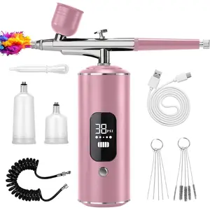 Airbrush Kit with Air Compressor, Cordless Rechargeable Handheld Spray Machine with 0.3mm Nozzle and Cleaning Brush, 3 High-Pressure Modes for Painting, Cake Decorating, Pastry, Makeup, and Nail Art (Pink)