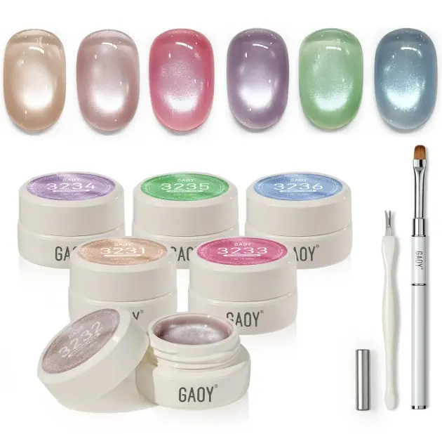 Sheer Silk Cat Eye Gel Nail Polish Set, 6 Colors Jelly Pink Blue Green Holographic with Magnet, for Salon Manicure & Nail Art DIY at Home, Mermaid Prism