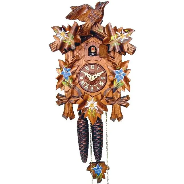 212 MAIN Model 522-9 Weight-Driven Analog Clock - Full-Size Walnut Wood Home Decor, Traditional Flower (Leaf & Edelweiss) Themed Decoration, 9.25"h x 6.75"w x 6"d Holiday Gift