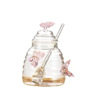 Honey Jar with Dipper and Lid - Large Crystal Glass Honey Pot, Pink Butterfly Decoration Dispenser for Syrup, Jam, Jelly, Kitchen Storage & Tabletop Decor