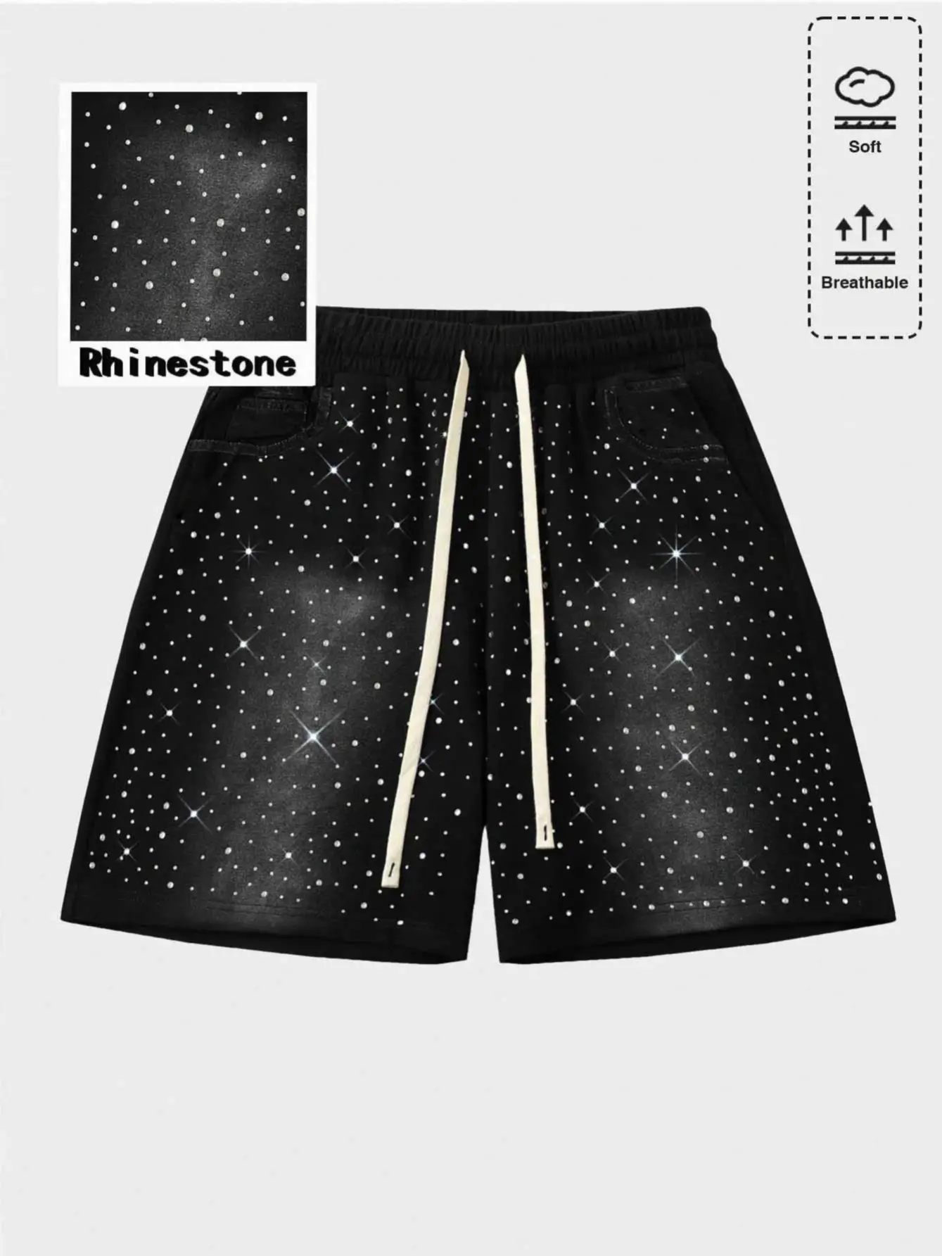 Men's Rhinestone Sweat Shorts Casual Loose Fit Sparkly Athletic Shorts for Men Drawstring Elastic Waist Streetwear Y2K Hip Hop Gym Shorts Breathable Soft Summer Lounge Shorts Shiny Crystal Decor Fashion Sports Shorts Daily Wear