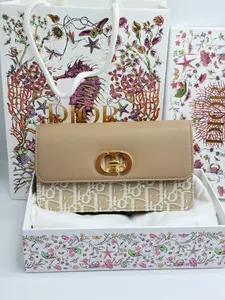 Pre-owned Dior Classic Logo Cotton & Calfskin Leather Handheld and Crossbody Bag for Women, Beige, 2024