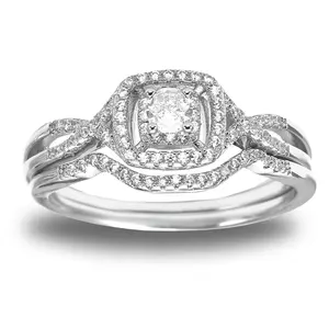 Frances Square Halo Wedding Ring Set for Women by Ginger Lyne CZ Engagement Rings for Women Plated 14 kt Gold Wedding Rings for Her| Cubic Zirconia Bridal Sets | Half Eternity Band