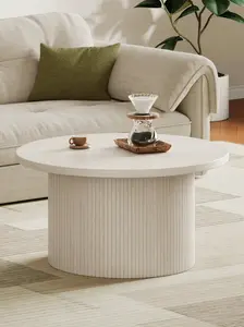 【CategorySelect】ONBRILL 31.5" Gorgeous Fluted Coffee Table, Round Mid Century Coffee Tables for Living Room, Cute Modern Wood Coffee Table, Drum Accent Small Center Table, Bedroom Furniture