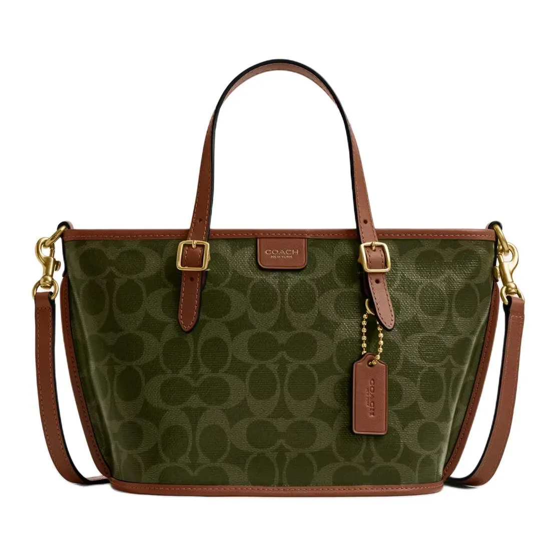 Coach Taxi 21 Small Tote Bag with Gold Hardware and All-Over Print in Olive Green and Mink Brown for Women