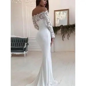 Elegant off-the-shoulder lace long-sleeve mermaid fishtail wedding dress — floor-length bridal gown with a keyhole neckline