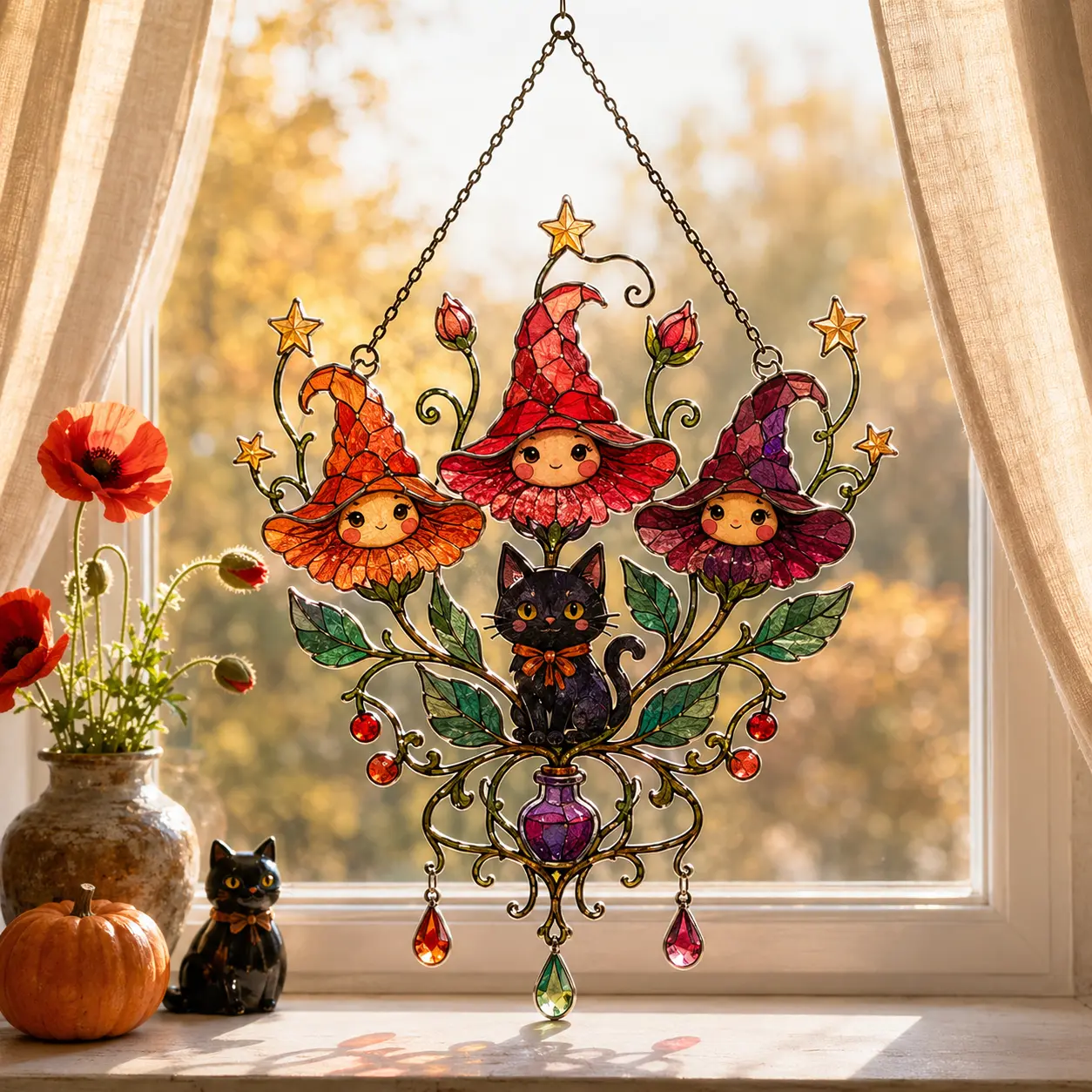 Halloween Witch Flower Black Cat Acrylic Suncatcher, Faux Stained Glass Window Hanging, Spooky Fall Home Decor