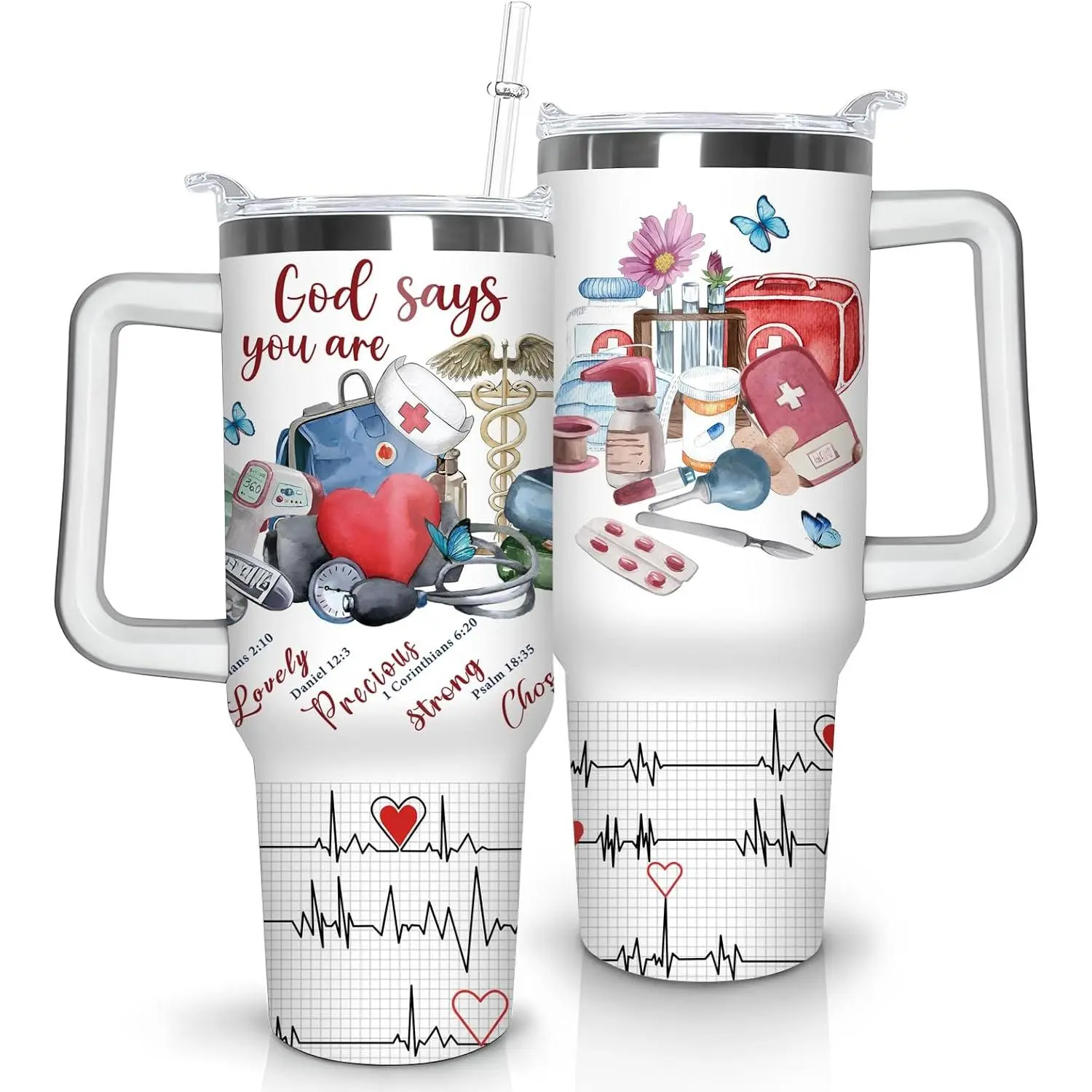 30 oz Reusable Insulated Stainless Steel Nurse Tumbler with Handle, Lid and Straw, Floral Christian RN Travel Coffee Mug, Nursing Cup Gift for Women, Vacuum Flask (Floral Design Included), Flasks, Floral Pattern