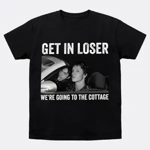 Women's Cotton Round Neck Short Sleeve T-Shirt, Soft Comfortable "Get In Loser We're Going To The Cottage" Movie Meme Print, Everyday Casual Lady Tee