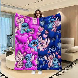 Dreamy Blue Stitch Angel Ip Flannel Throw Blanket, Couple Edition, Miss U/love Slogan, Heart Gift Box, Soft Warm Home Cover