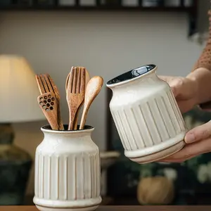 Ceramic Storage Jar, Straight Cylinder Flared Mouth Design, Kitchen Utensils Holder, Chopsticks Forks Pen Organizer, Multifunctional Home Decor Container