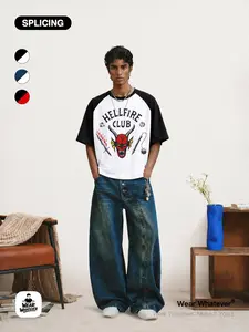 Stranger Things Hellfire Club Print Loose Short Sleeve Round Neck Patchwork Color Casual Streetwear Breathable Shirt for Outdoor or Home Wear