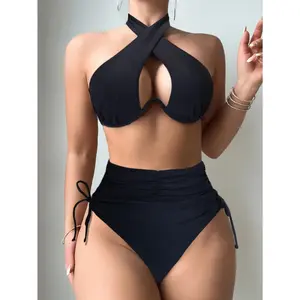 Cross Backless Bikini Side High Slit Ruffle Swimsuit Black 2-Piece Set High Elasticity Knitted Fabric Beach Vacation Swimsuit for Beachwear & Pool Parties, Comfortable Swimwear for Summer plus size tankini women