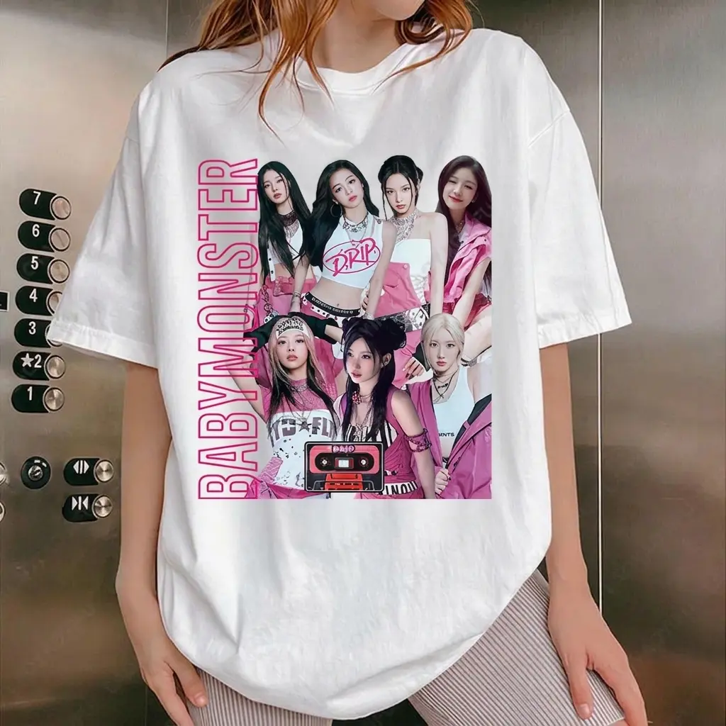 Unisex Streetwear Printed Cotton Sports Top - 100% Cotton, BabyMonster World Tour Print, Soft Lightweight Loose Short Sleeve Round Neck, KPOP Fan Gym Fit Fashion Everyday Casual Tee