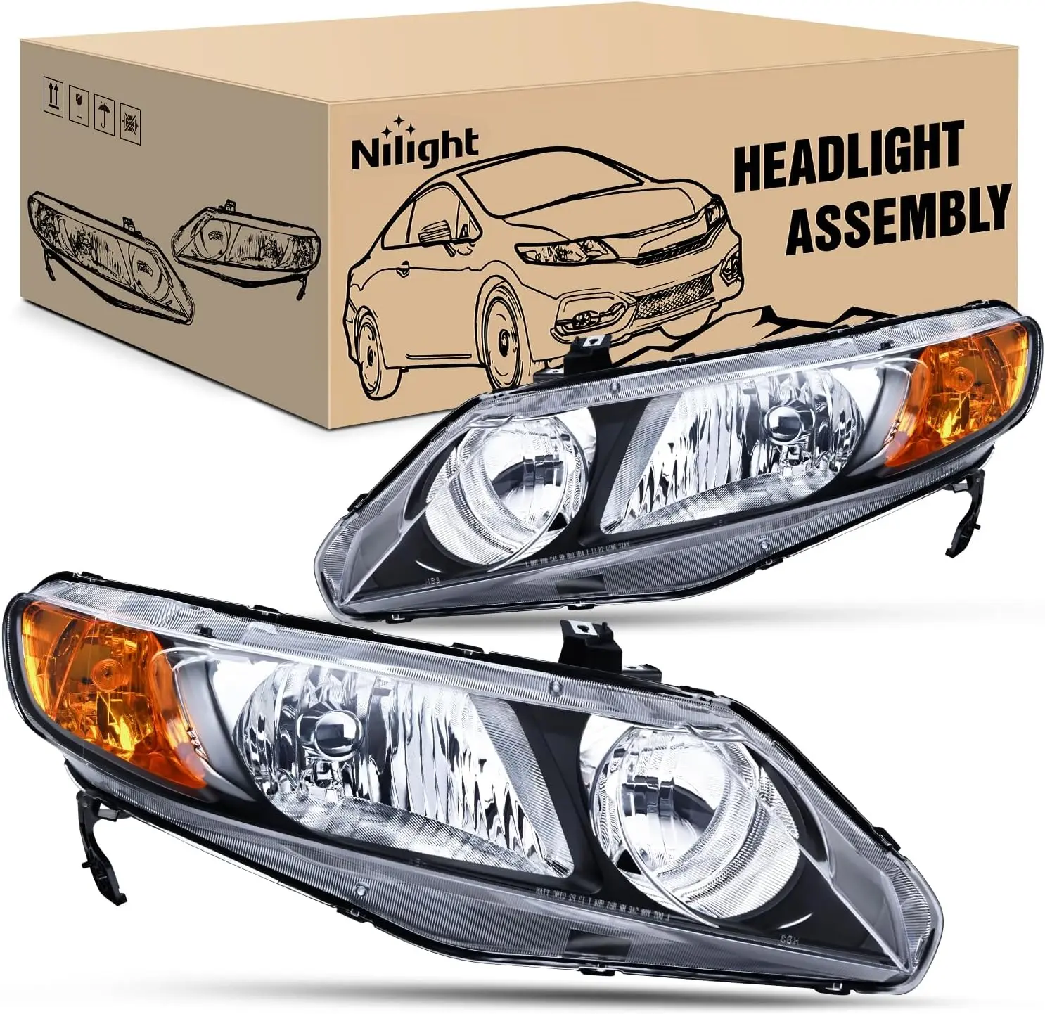 Nilight Headlight Assembly - Vented Headlights for 2006-2011 Civic 4-Door Sedans Only, Driver & Passenger Side, Black Housing, Amber Reflectors, Halogen Bulb, IP65 Night Driving Replacement, Headlight Vented