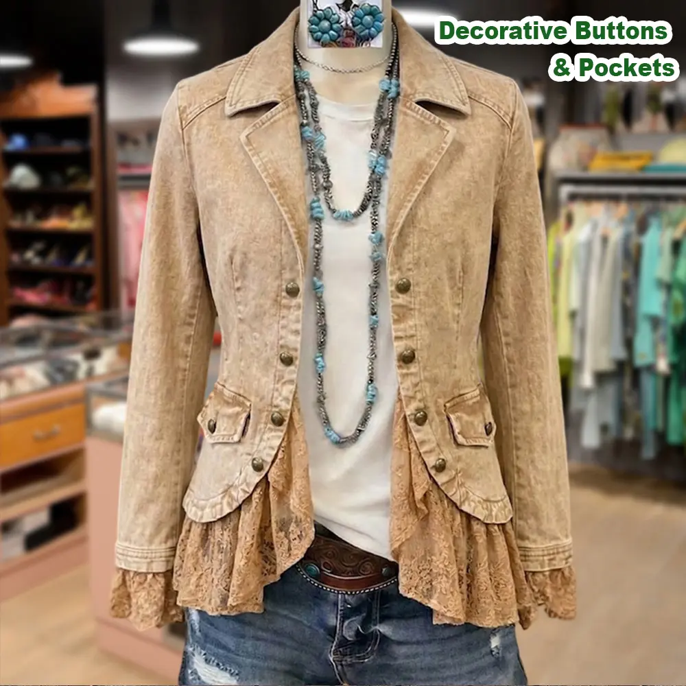 Cherrybetty Vintage Western Washed Lace Ruffle Hem Blazer Jacket Womenswear Casual Coats Long Sleeve Outerwear Elegant Chic Everyday  Style