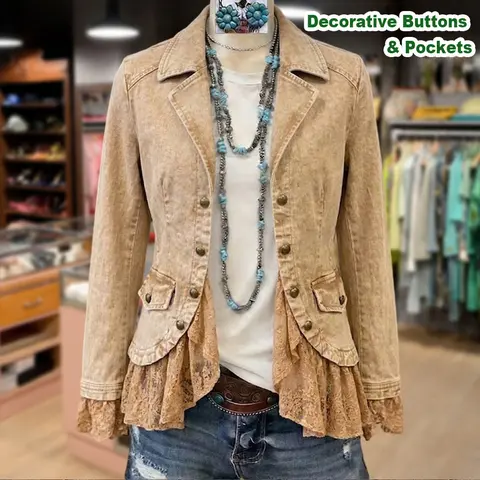 Cherrybetty Vintage Denim Western Washed Lace Ruffle Hem Blazer Jacket Womenswear Casual Coats Long Sleeve Outerwear Elegant Chic Everyday  Style