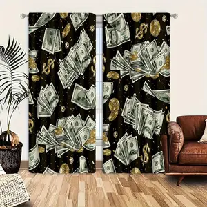 2 pieces of digital printed curtains with US dollars and gold coins, a wealth inducing curtain full of money flavor, machine washable, semi blackout, very suitable for living room decoration, room decoration, and home decoration