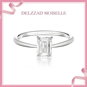 Delzzad S925 1ct Step Cut VVS Synthetic Moissanite Timeless Solitaire Prong Ring Daily Costume Jewelry Accessories Perfect Birthday Wedding Engagement Anniversary Gifts for Women