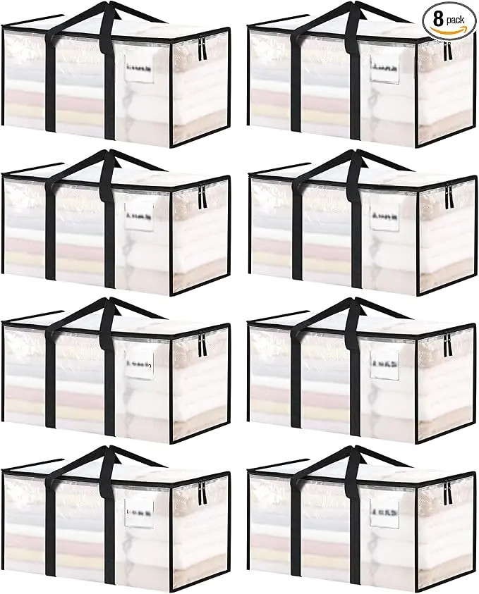 8 Pack Extra Large Clothes Storage Bins with Lids, Moving Bags, Clear | Storage Bags with Reinforced Handles & Heavy-Duty Zippers, Moving Boxes Totes for Clothes Packing, Dorms, College Supplies