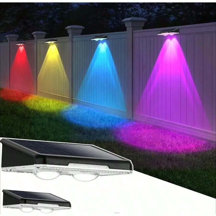 2/4PCS outdoor solar fence lights, 7 fixed colors and color changing IP65 waterproof solar lights, used for backyard/yard/fence/wall, deck, steps, porch railing/swimming pool