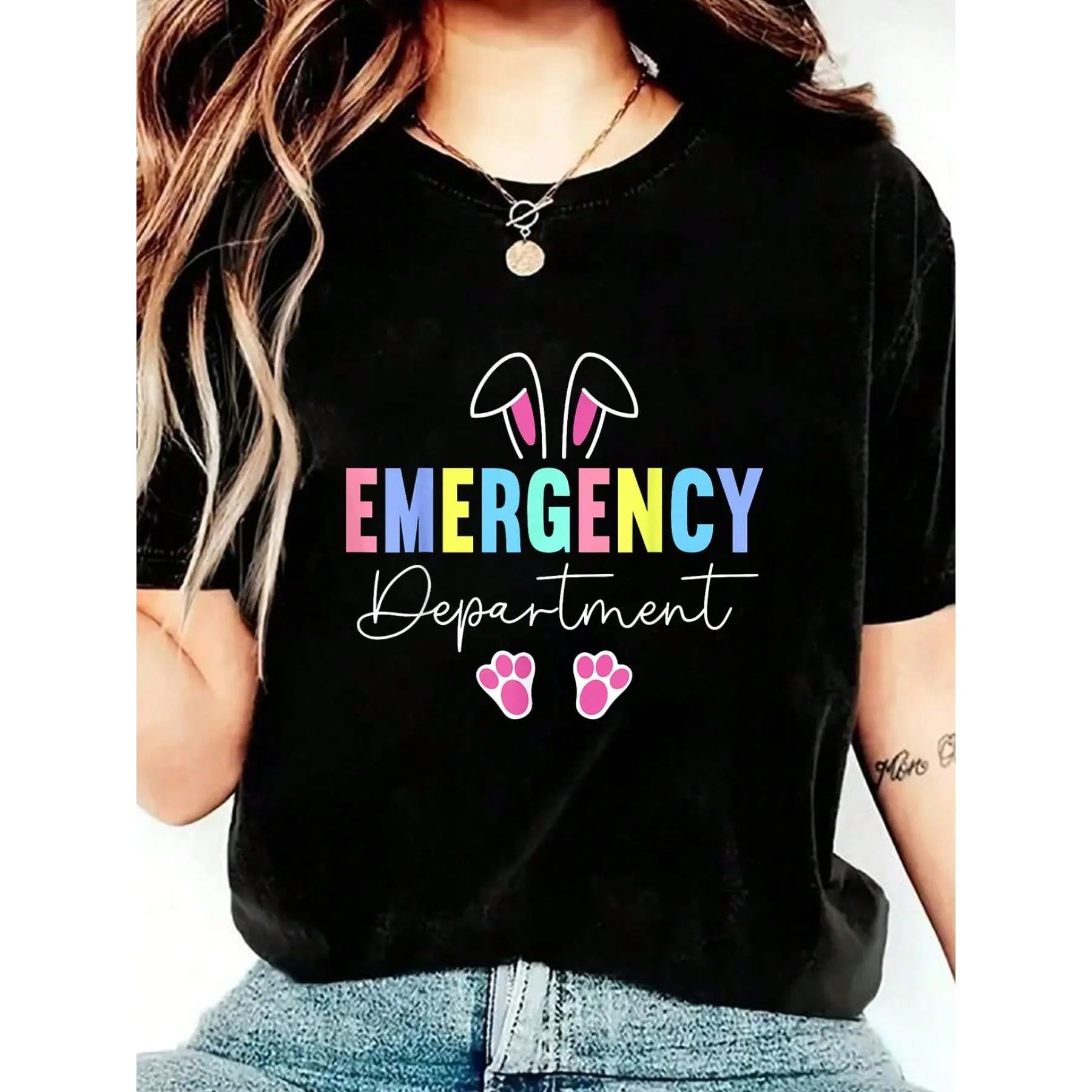 Emergency Department Easter Bunny ER Nurse Easter Day T-Shirt Print Crew Neck Casual T-Shirt Short Sleeve Sports Top. Smart CasualStreet Style Women's Clothing graphic tees women crop tops summer outfits for women summer tops T-Shirt
