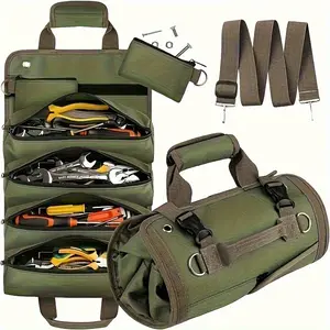 Durable Tool Storage Bag for Electricians & Mechanics, Handheld Roll-Up Design, Multiple Compartments, Adjustable Straps