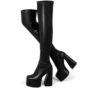 otk  boots  Platform Thigh High Boots for Women Chunky Block Heels Over The Knee Boots Stretch Go-Go Boot Square Toe Party Boots with Zipper SpringStatements