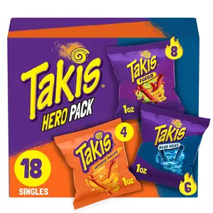 Takis 18 pc \/ 1 oz Hero Variety Pack, Assorted Flavored Mixed Rolled Tortilla Chips \u2013 (8) Fuego 1 oz, (6) Blue Heat 1 oz, (4) Intense Nacho 1 oz