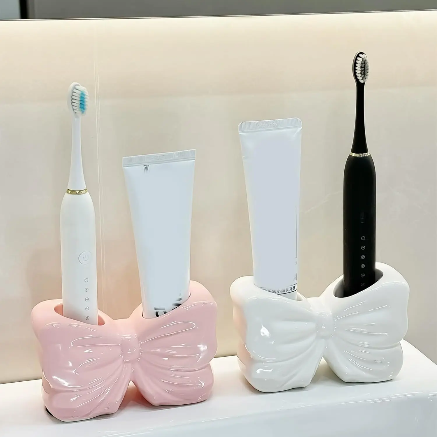 Ceramic Toothbrush Holder with Pink Bow – Two-Slot Organizer for Electric Toothbrush & Toothpaste – White Bathroom Countertop Storage