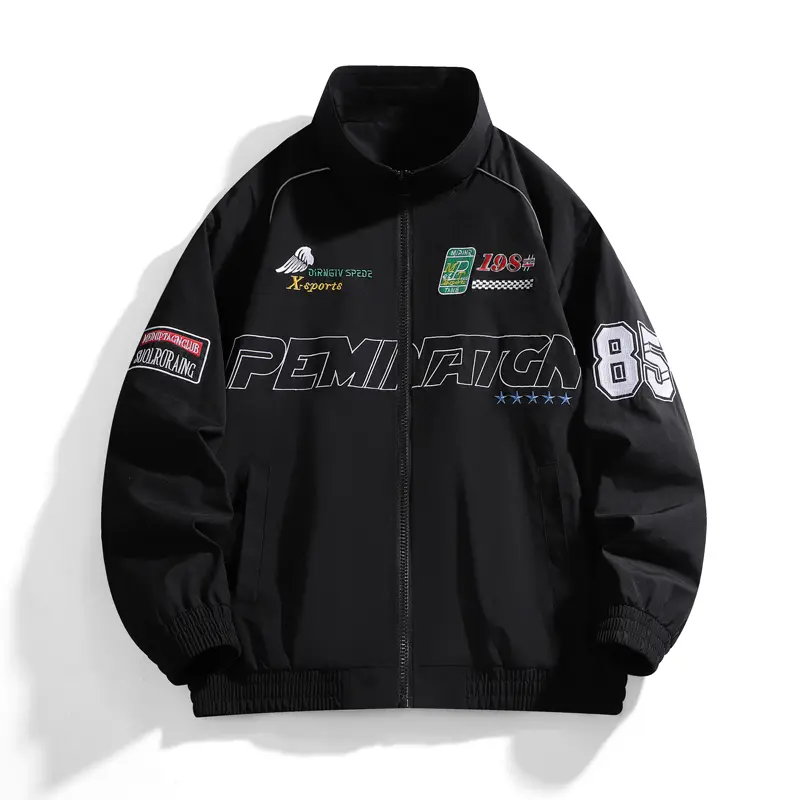 Men's Loose Fit Embroidered Racing Jacket with Stand Collar - Lightweight Stretch Coat with Stretch Hem for Casual Outdoor Streetwear, Print, Plain, Athletic, Pull On, Woven