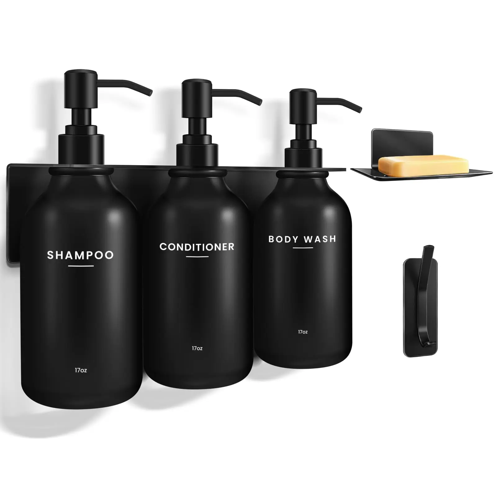 Wall-Mounted Drill-Free Plastic Bathroom Soap Dispenser Set - Casual 3-Piece 17 fl oz Pump Holders for Shampoo, Conditioner, Easy Install, Drill-Free Setup Saves Bathroom Time, Wallmount Ease, Bathroom Organization