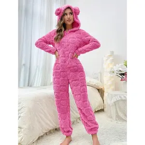 Hooded Zipper Lamb Fleece Pajama Onesie, Long Sleeve Casual Bear Ears Design, Fall Winter Homeewear, Comfortable Indoor Restwear (Sportswear Set)