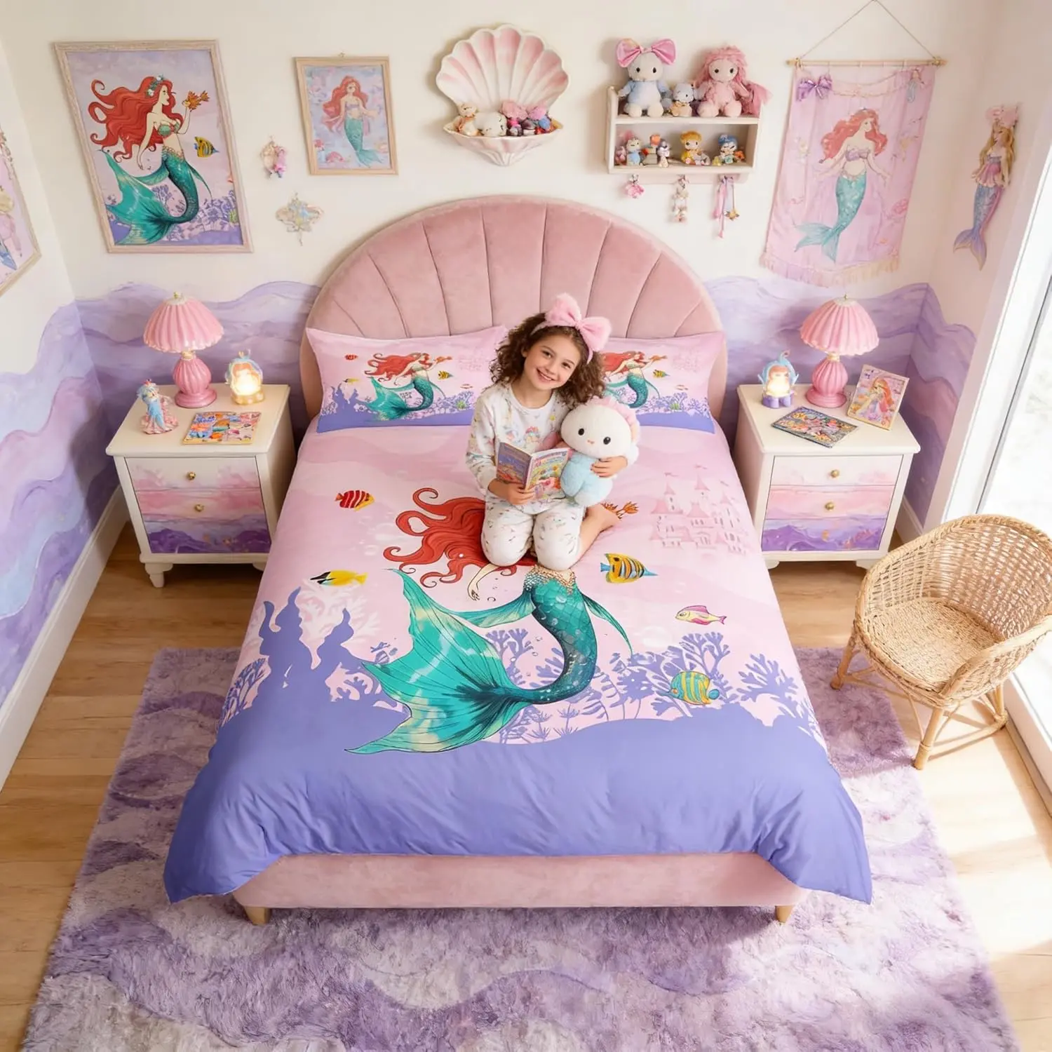 Mermaid Duvet Cover Set,Goldfish Seaweed Cartoon Bedding Set Room Decor,Marine Life Comforter Cover Pink Castle Romantic Quilt Cover