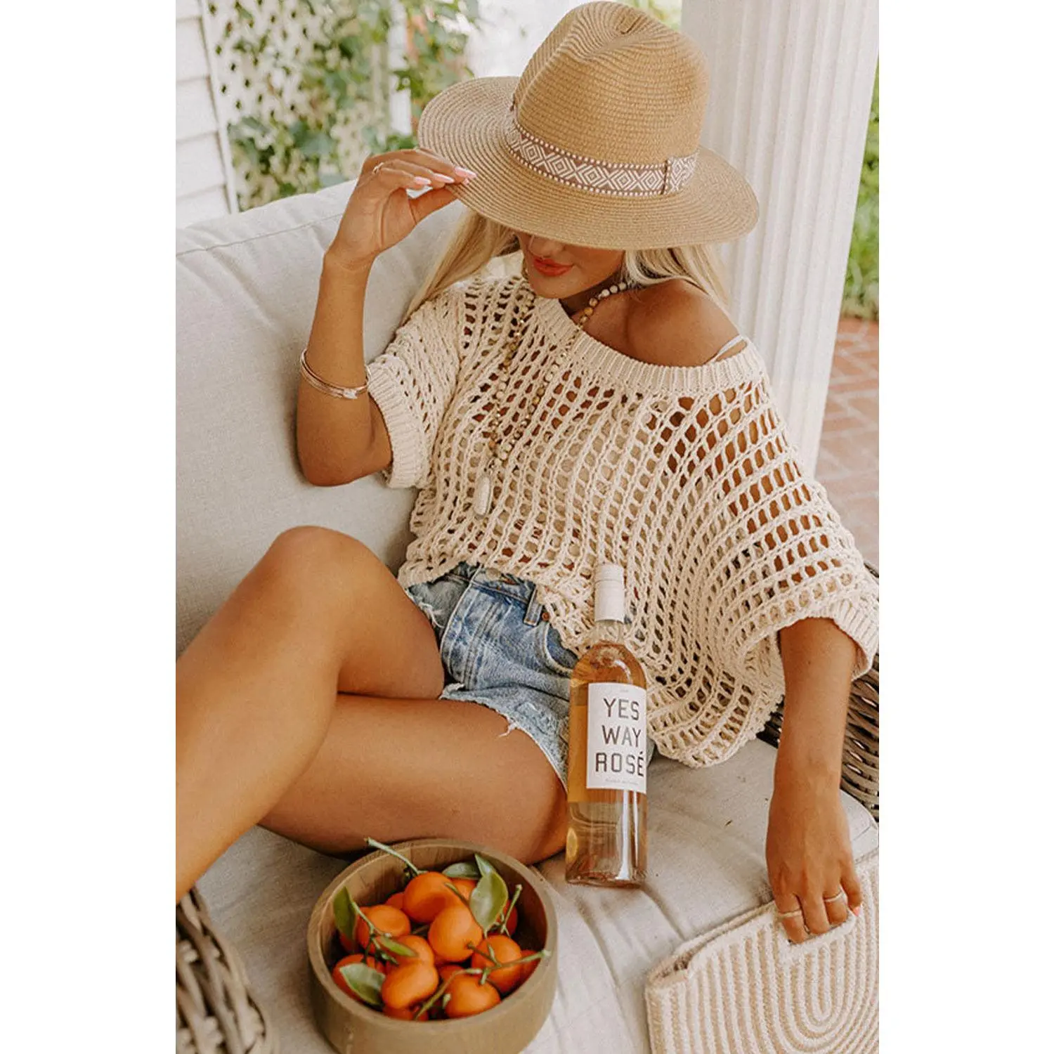 Apricot Fishnet Knit Ribbed Short Cover Up