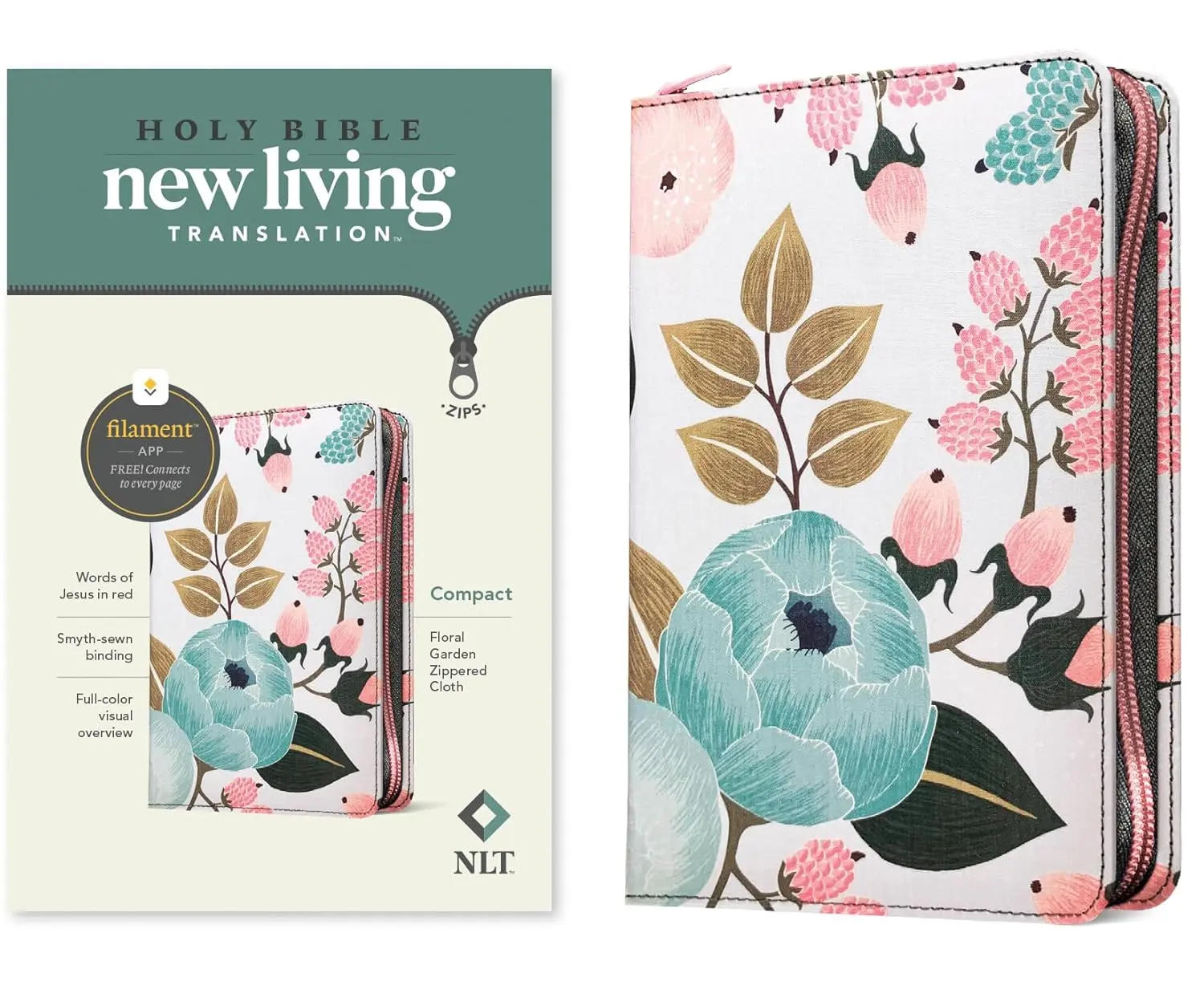 NLT Compact Zippered Holy Bible for Adults - New Living Translation, Filament Enabled, Cloth Cover, Floral Garden Design, Red Letter Jesus Words, Trade Paperback with Bible App Compatibility, Music Library Access