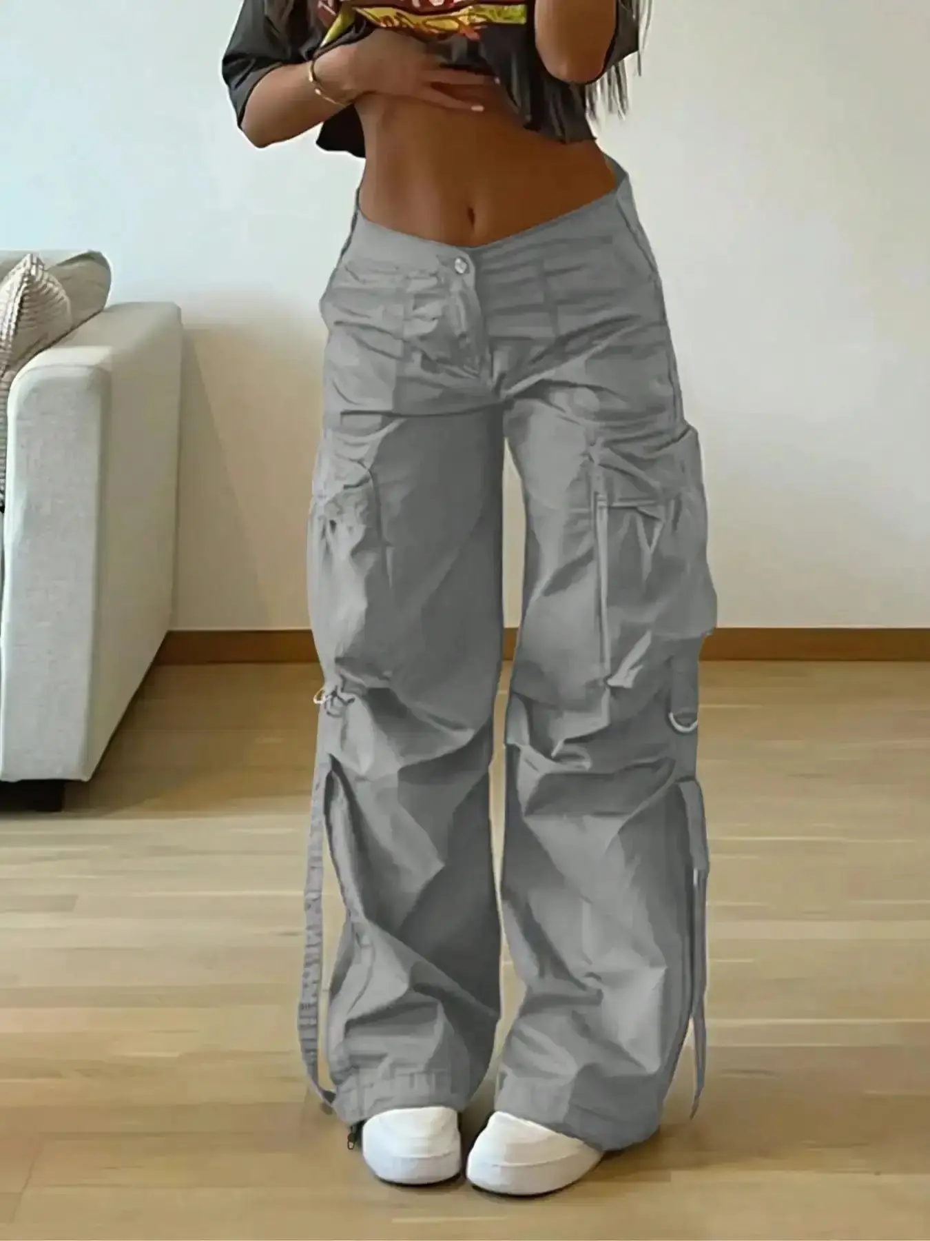Women's Millennium Street Style Cargo Pants Loose Fit Wide Leg Lightweight Trousers with Pockets and Tape Details Casual Fashion casual essential relaxed style daily essential urban streetwear essential wardrobe