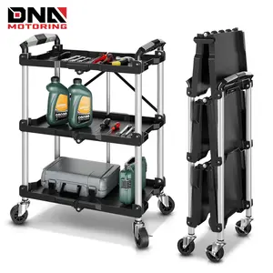 DNA MOTORING 3 Tier Foldable Rolling Service Cart, 265lbs Capacity Collapsible Utility Cart for Warehouse, Workshops, Restaurants, w/ 360° Swivel Wheels, Black