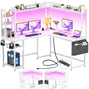 L Shaped Gaming Desk, Reversible Computer Desk with Power Outlet & LED Light