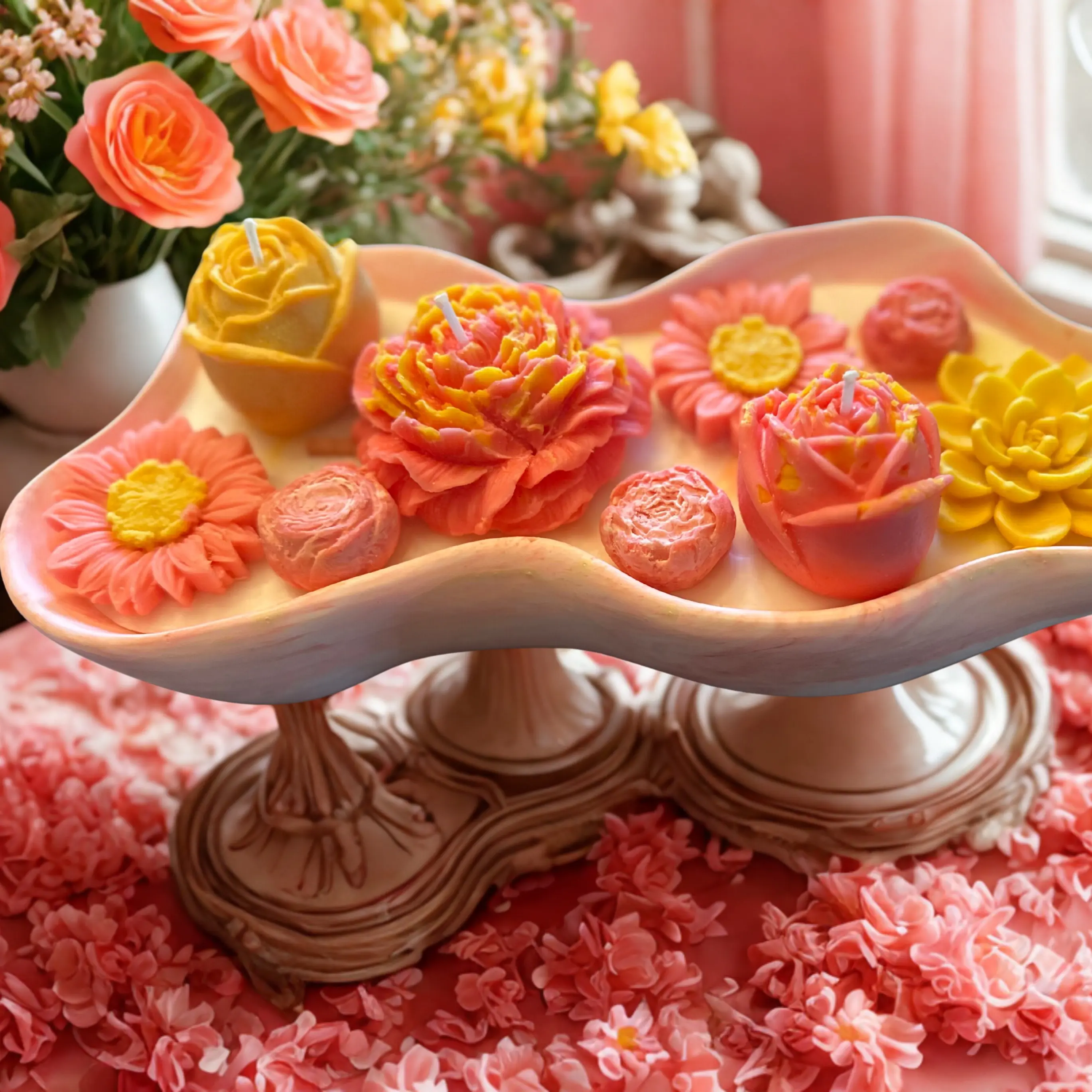 Coral and Yellow Floral Head Candle Tray