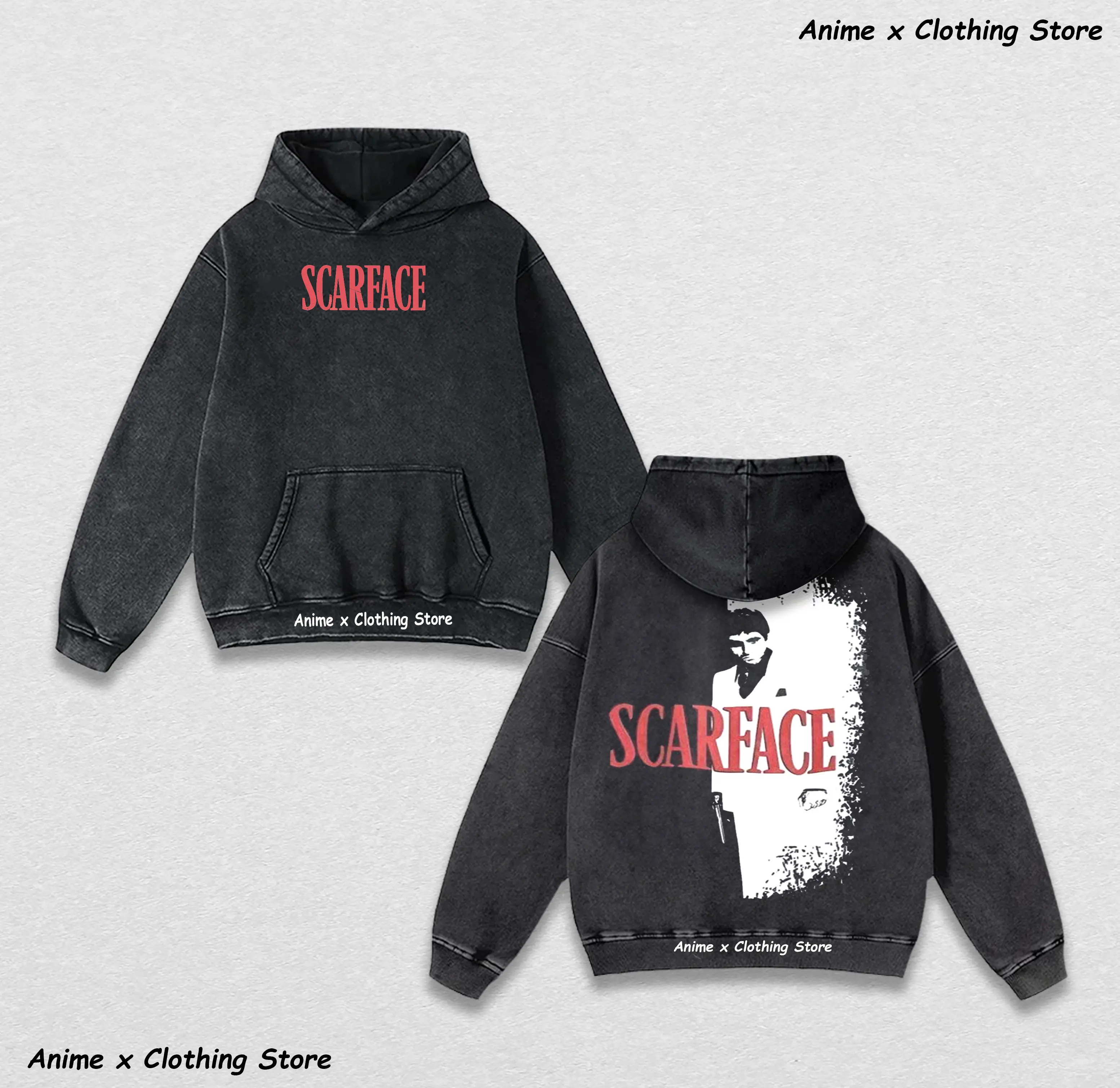 Men's Black Al Pacino Scarface Graphic Washed Hoodie - Iconic Movie Print Sweatshirt, Casual Pullover for Fans, Durable Plus Size Clothes, Long Sleeve, Autumn Season, Stylish Streetwear Athletic Denim Fashion Menswear