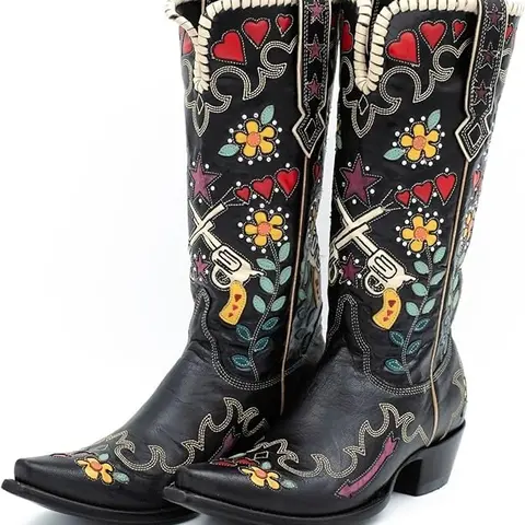 AOSPHIRAYLIAN Women's Floral Heart Embroidered PU Leather Mid-Calf Western Booties - Footwear, Shoes for Women, Pointy Toe, Block Heel, Pull-On, Vintage Cowboy Style, Bold Color Scheme, Flower Totem, All Seasons, Outdoors, Party Use,outdoorfun
