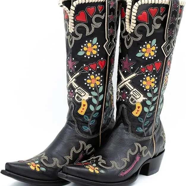 AOSPHIRAYLIAN Women's Floral Heart Embroidered PU Leather Mid-Calf Western Booties - Footwear, Shoes for Women, Pointy Toe, Block Heel, Pull-On, Vintage Cowboy Style, Bold Color Scheme, Flower Totem, All Seasons, Outdoors, Party Use,outdoorfun