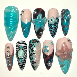 Blue Leopard Nails – 3D Flowers, Turquoise Swirl Nails, Zebra Accent, Gemstone Embellished, Wild Animal Print Handmade Press-on Nail Set