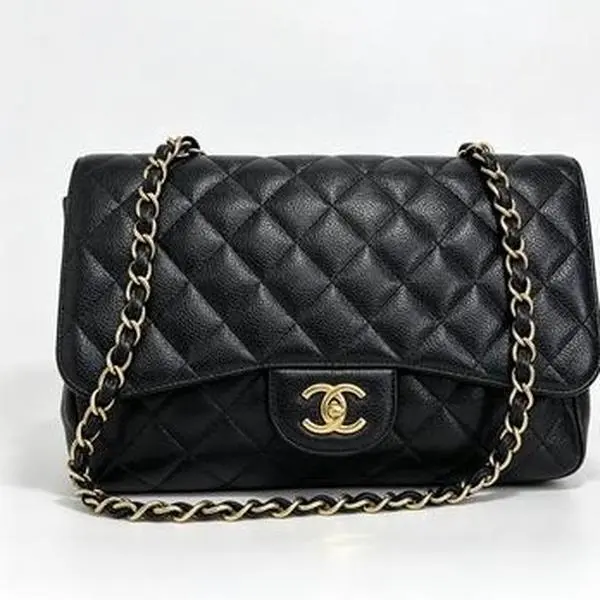 Pre-owned CHANEL Classic Jumbo Flap Black Caviar Leather Quilted Double CC Gold Chain Shoulder Crossbody Bag Preowned Luxury Designer Handbag