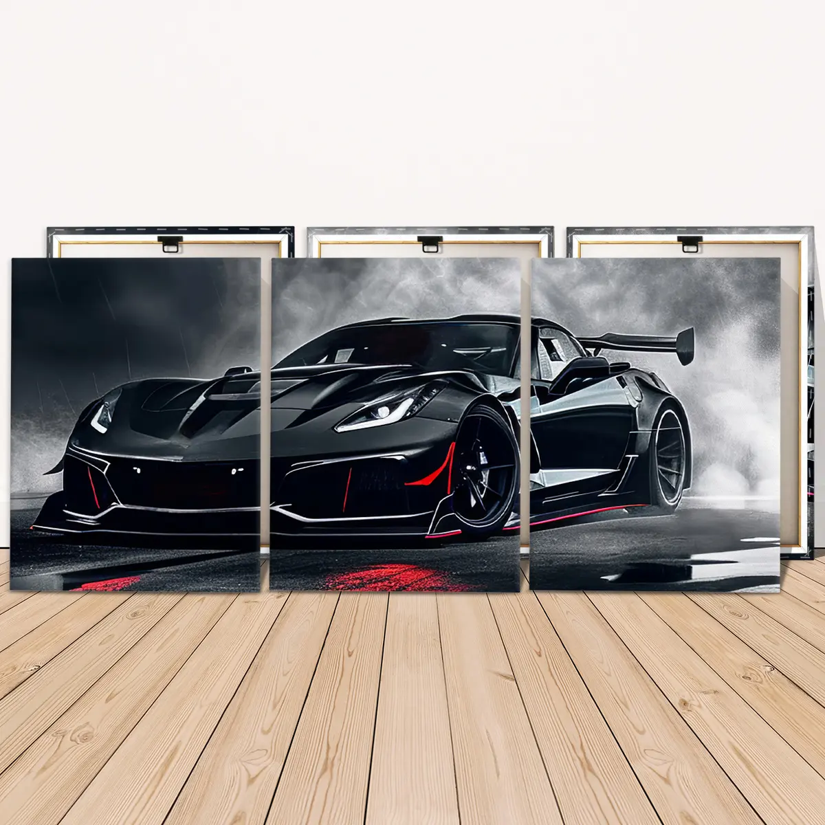 3 Counts Wooden Framed Canvas, Canvas Prints, Cool Black Racing Sports Car Images, Artistic Exquisite Poster, Perfect Living Room Decoration, Modern Art, Fashion Family Poster, Wall Art Decoration, Waterproof Art, Modern Art Design, Modern Home Decoration