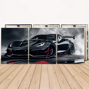 3 Counts Wooden Framed Canvas, Canvas Prints, Cool Black Racing Sports Car Images, Artistic Exquisite Poster, Perfect Living Room Decoration, Modern Art, Fashion Family Poster, Wall Art Decoration, Waterproof Art